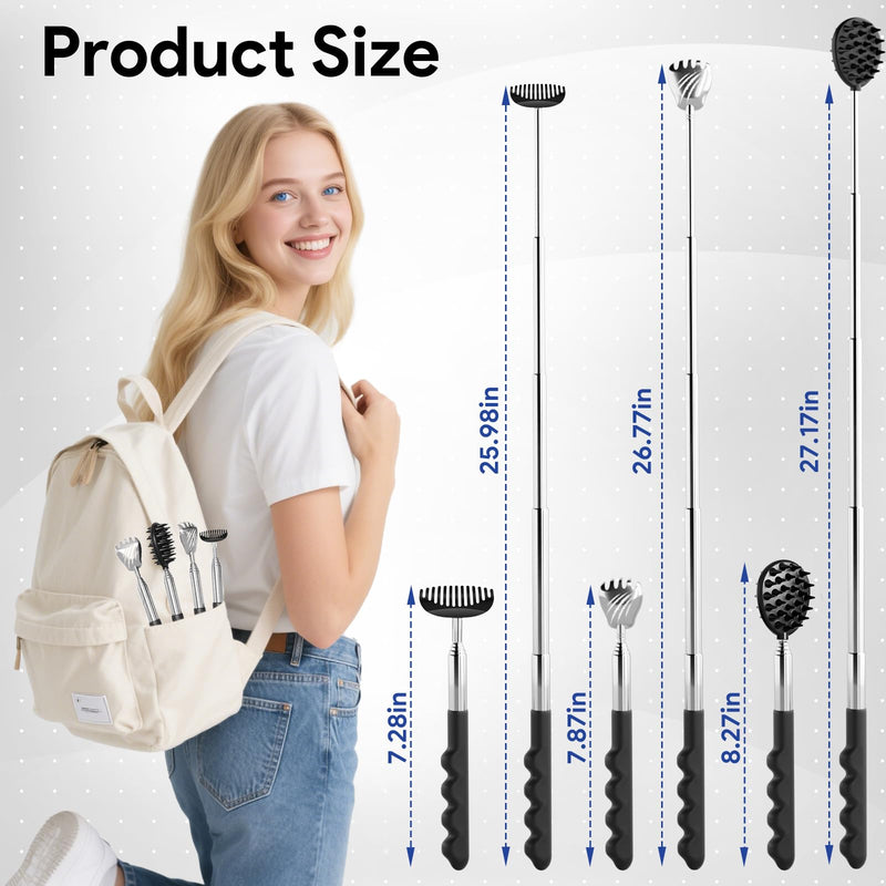 [Australia] - 4 Pack Versatile Back Scratcher, Christmas Gifts for Men, Stocking Stuffers for Men Women, Portable Telescoping with Different Heads and Rubber Handle, White Elephant Gifts for Adults - Black 