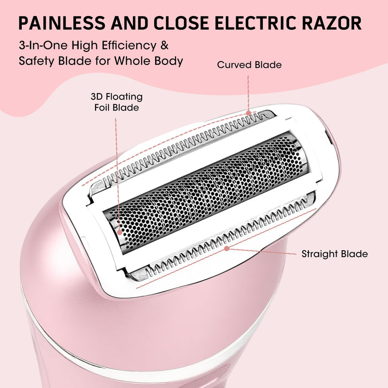 [Australia] - Electric Shavers for Women, 7 in 1 Hair Removal Kit with Epilator Bikini Trimmer Face Razor Body Brush Face Massager Foot Callus Remover, IPX7 Waterproof Lady Razors Set for Legs Armpit Bikini Pubic Pink 
