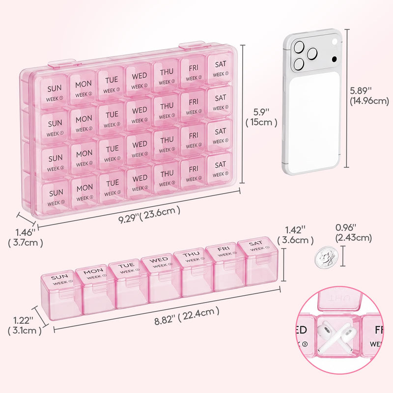 Lifewit Monthly Pill Organizer, 28 Day Pill Box, 4 Weeks One Month Vitamin Cases, Large Compartments Medicine Organizer for Fish Oils, Supplements, 28 Grids, Pink