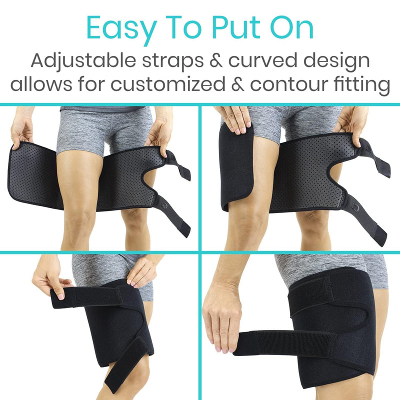 [Australia] - Vive Thigh Brace - Hamstring Quad Wrap - Adjustable Compression Sleeve Support for Pulled Groin Muscle, Sprains, Quadricep, Tendinitis, Workouts, Sciatica Pain and Sports Recovery - Men, Women (Black) Black 1 