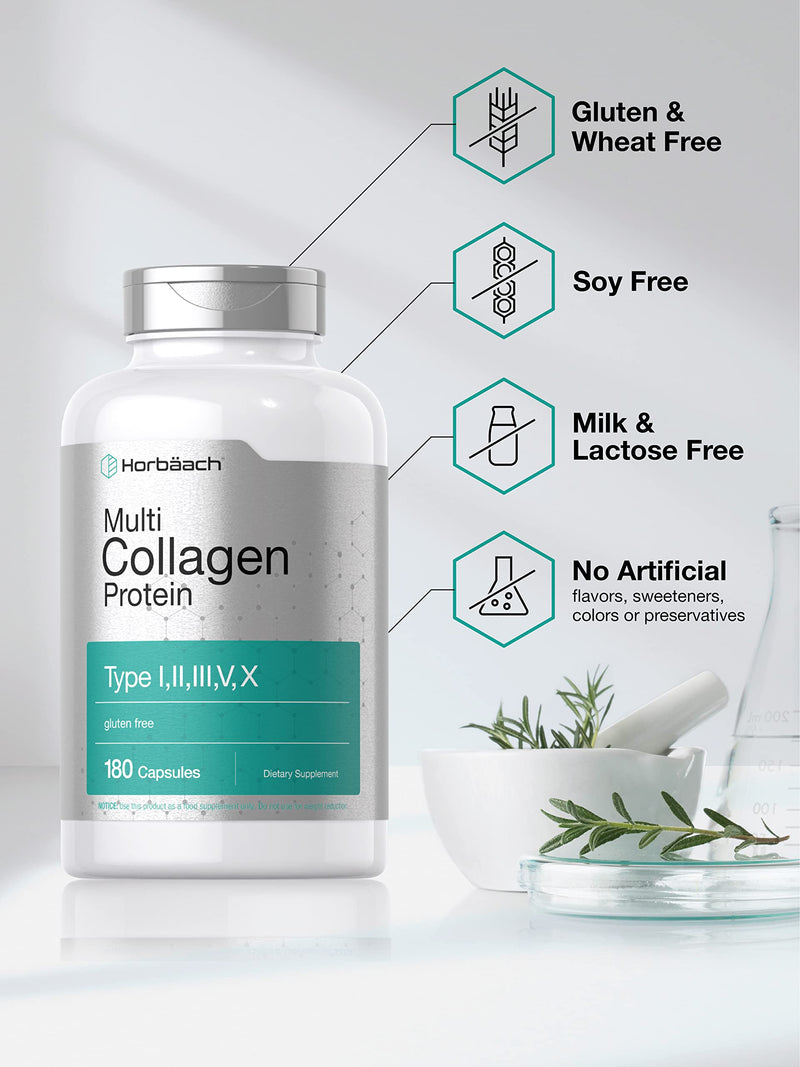 [Australia] - Horbäach Multi Collagen Protein 2000 mg | 180 Capsules | Type I, II, III, V, X | Keto & Paleo Friendly, Gluten Free Supplement 180 Count (Pack of 1) 