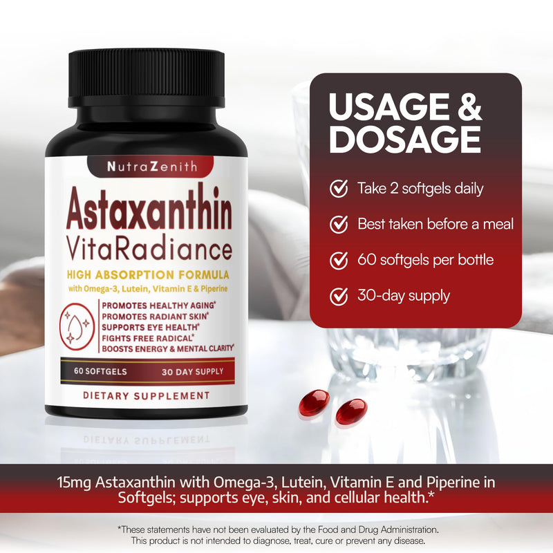 Astaxanthin Supplement with Omega-3, Vitamin E & Lutein – 60 Capsules for Super Antioxidant Support, Energy Boost, Mental Clarity & Eye/Skin Care – Triple-Action Formula (Powerful Antioxidant Complex)