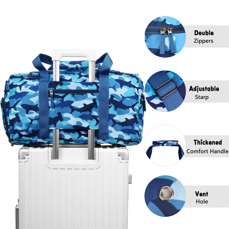 Boys Duffle Bag for Travel, Kids Duffle Bag Large Weekender Overnight Bags with Kids Toiletry Bag Set Shoe Compartment Carry on, Shark Blue