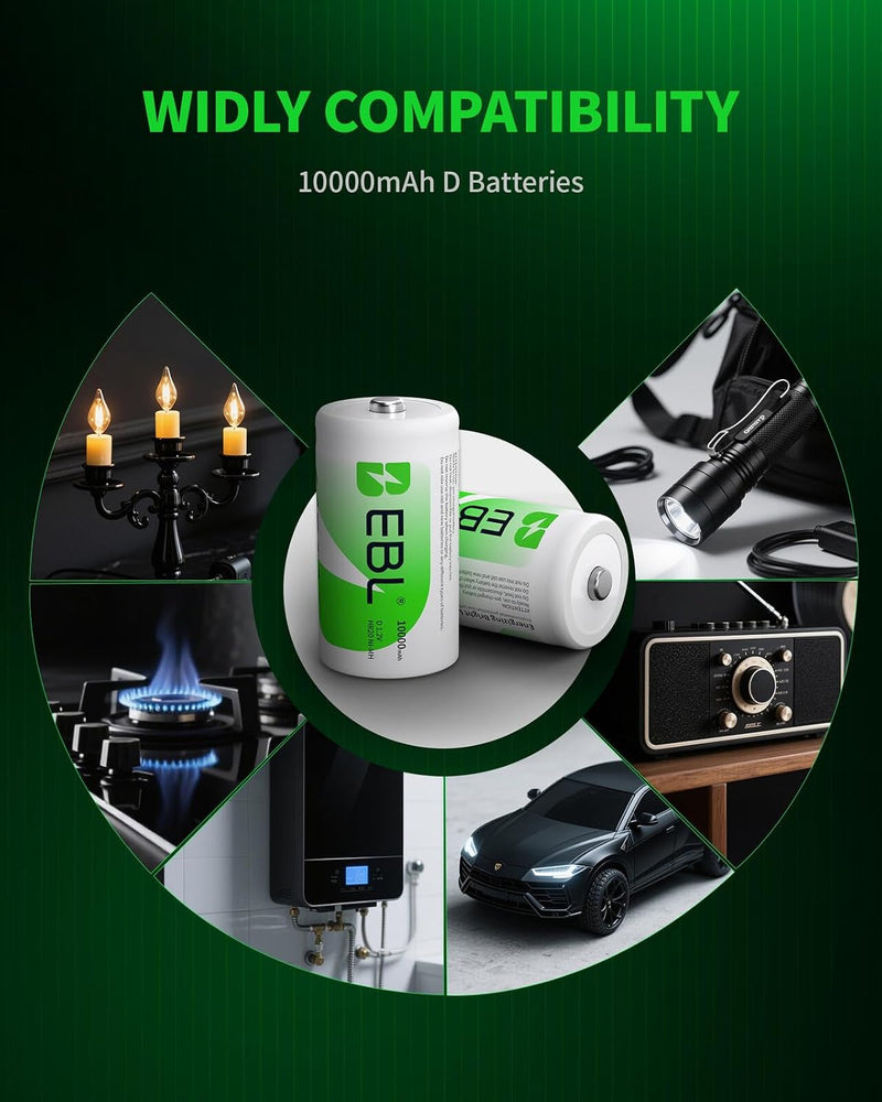 Rechargeable D Cells 10,000mAh 1.2V Ni-MH High Capacity High Rate D Size Battery (4-Counts)
