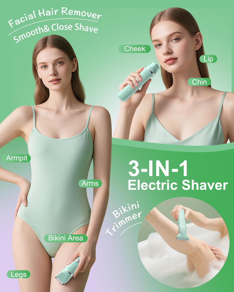 [Australia] - Electric Shaver for Women,3-in-1 Bikini Trimmer for Women & Body Shaver, IPX7 Waterproof,Hypoallergenic Ceramic Blades,USB-C Fast Charging,Travel Trimmer for Face, Legs,Bikini Line & Foil,Green Green 