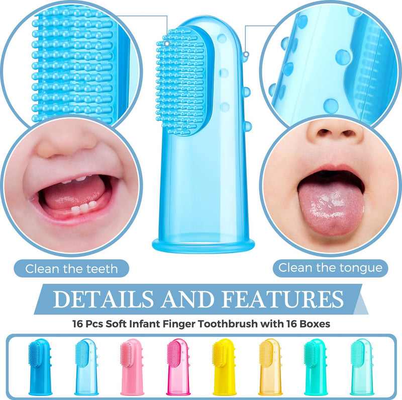 [Australia] - Zopeal 16 Sets Baby Finger Toothbrush for Toddler Kids with Boxes Travel Storage Case Silicone Soft Finger Toothbrush for Infant Newborns Lids Training Healthy Oral Habits Teething Cleaning Massaging 