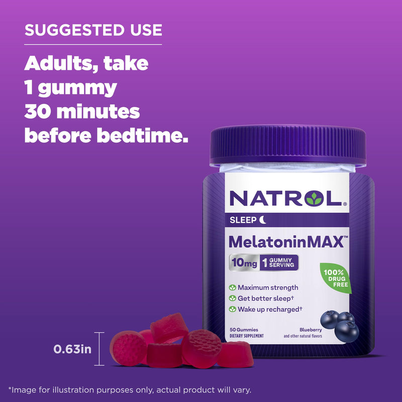 Natrol MelatoninMax(TM) Sleep Gummy Nighttime Sleep Aid for Occasional Sleeplessness, Blueberry Flavor, 10 mg, 50 Count, 50 Day Supply 50 Count (Pack of 1)