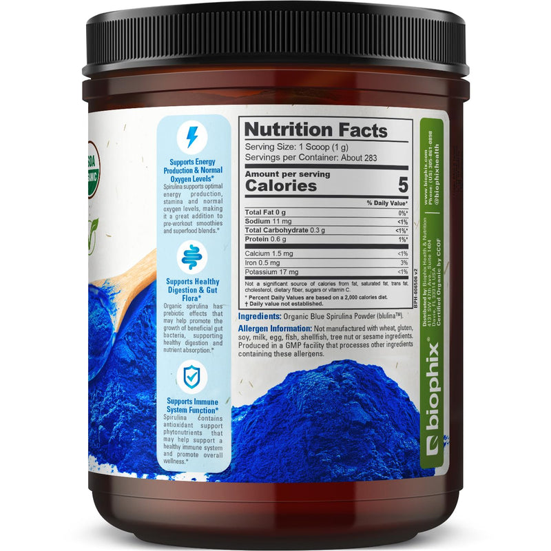 [Australia] - biophix Blue Spirulina Powder Organic Blulina 10 oz - Algae Organic Spirulina Powder 283 Servings - Superfood Supplement - Natural Blue Pigment - Espirulina en Polvo Organica Pura Azul 10 Ounce (Pack of 1) 