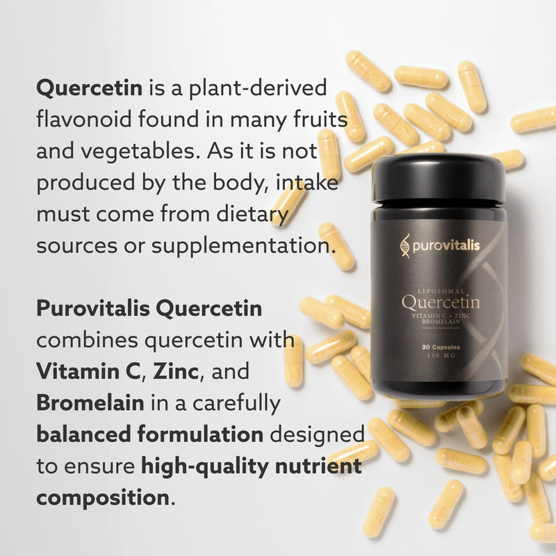 PUROVITALIS Liposomal Quercetin Complex 150mg with Bromelain, Vitamin C & Zinc, 99% Purity, Immune Support Supplement, 1-Month Supply (30 Vegan Capsules)
