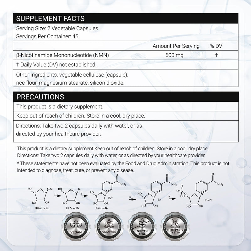 NMN Supplement 500mg - 99% Pure NMN Capsules, 3rd Party Tested High Purity NAD Supplement for Healthy NAD+ Levels & Healthy Aging - 90 Capsules (45 Servings), Made in USA