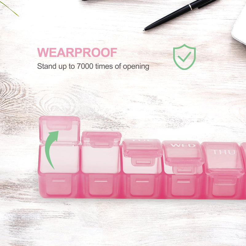 2 PCS Large Weekly Pill Organizer, 7 Day Daily Pill Box Case Easy to Open, Silkscreen Printed Medicine Container with Clear Lid for Vitamins, Fish Oils or Supplements (Pink) Pink