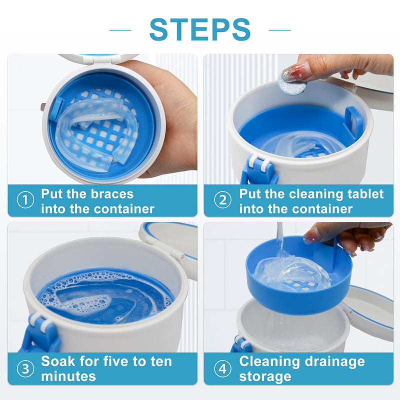 [Australia] - BVN Leak-Proof Denture Bath Cup for Travel, Denture Cup for Soak Dentures, Retainer Cleaning Case with Strainer (White + Blue) White + Blue 