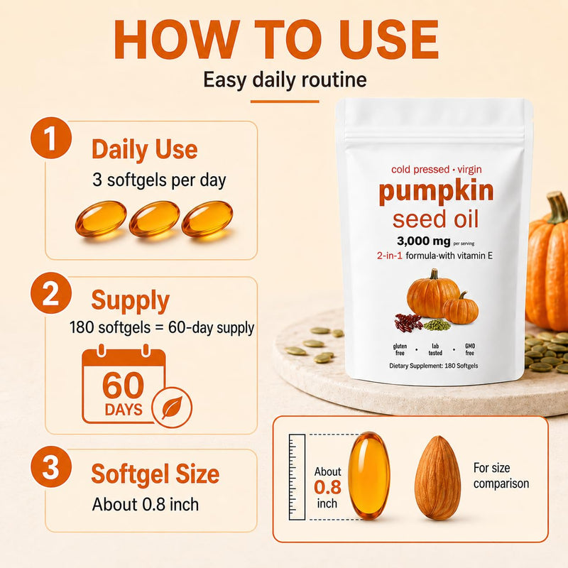 Pumpkin Seed Oil Capsules 3000mg per Serving | Cold Pressed Pumpkin Seed Oil with Linoleic & Oleic Acid, 180 Softgels | Non-GMO | Resealable Pouch