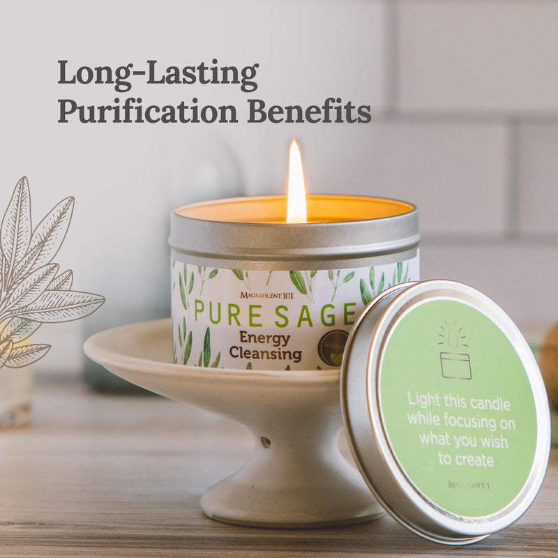 [Australia] - Magnificent 101 Long Lasting Pure White Sage Candle - 6 Oz - 35 Hour Burn Time - Organic, All Natural, Soy Candle to Cleanse Your Home & Calm, Soothe, Use with Sage Smudge Kit - Spiritual Pure Sage 