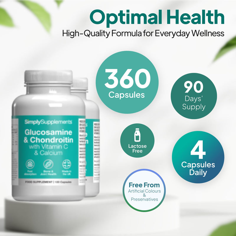 Glucosamine Sulphate & Chondroitin Complex | With Vitamin C & Calcium for Bone & Muscle Support | Supports Joint Health & Cartilage Function | 360 Capsules = 3 Months’ Supply | GMP-Certified & UK-Made Unflavoured 180 count (Pack of 2)