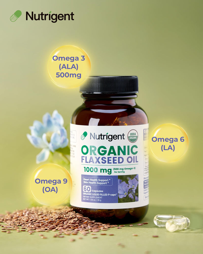 [Australia] - USDA Certified Organic Flaxseed Oil 1000 mg, Cold Pressed 100% Pure with Plant-Based Omega 3 ALA Essential Fatty Acids for Heart & Skin Health, 60 Capsules 