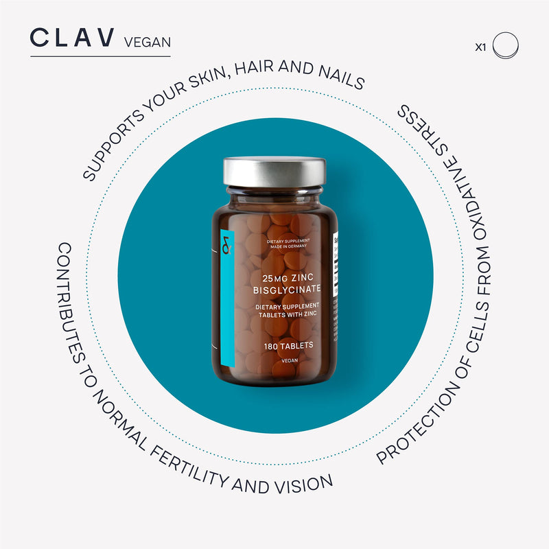 Zinc 25mg Vegan Certified - 180 Elemental Zinc Tablets in a Jar (6 Months Supply) - High Strength Zinc Bisglycinate Mineral Supplement - Supports Immune System, Hair, Skin & Nails for Women & Men