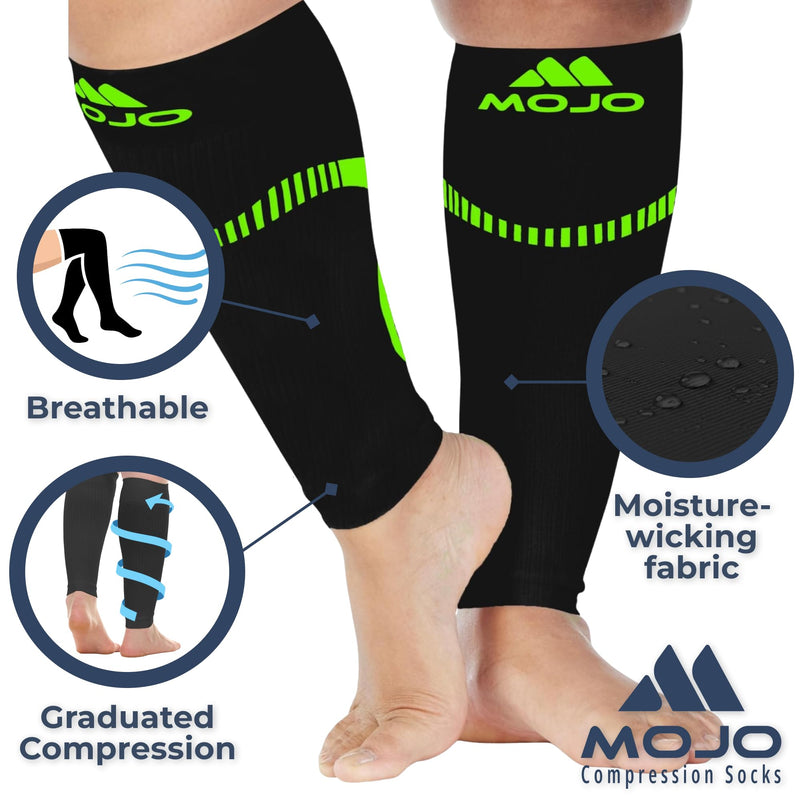 Mojo Compression Socks Footless for Women and Men 20-30mmHg - Extra Wide Plus Size Calf Sleeve - A604 3X-Large Black/Green