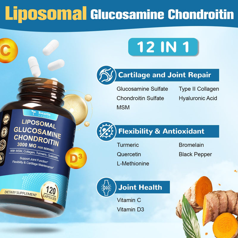 [Australia] - 12 in 1 Liposomal Glucosamine Chondroitin MSM Collagen 3000MG, FSA-HSA Items Only List for Men & Woman Supplement, Flexibility & Cartilage Maintenance, Non-GMO, CGMP, Gluten-Free 120 Count (Pack of 1) 