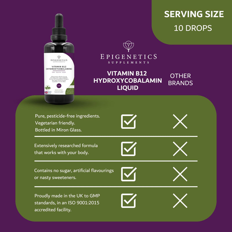 Vitamin B12 High Strength Hydroxycobalamin | 100ml Supplement Liquid Drops | 4 Months Supply, 133 Servings. Vitamins for Tiredness and Fatigue | UK Made & Vegan