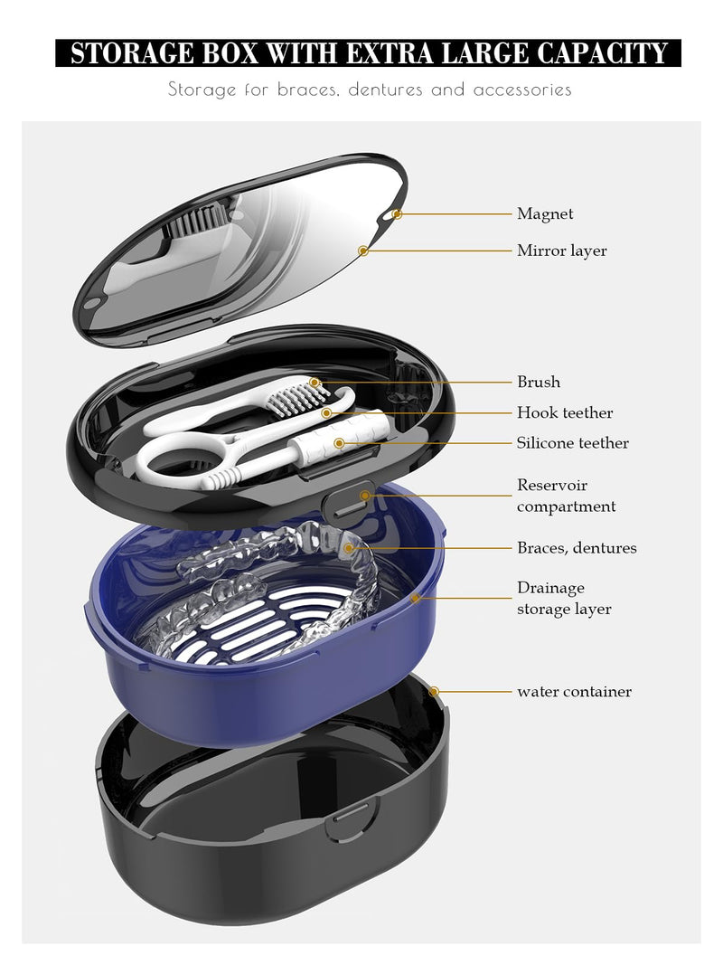 [Australia] - Lammcou Braces box, portable, denture container, denture box, dentures container box with mirror and tools for dental splints, braces, sports mouth guard, dentures, cleaning and storage 