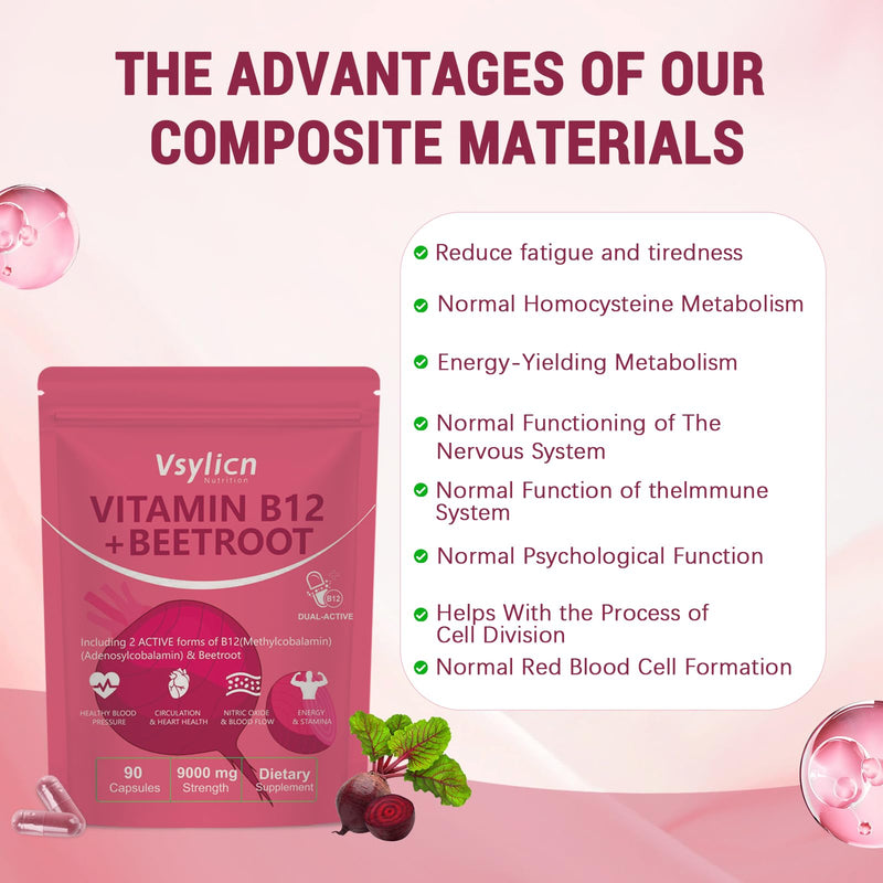 9000mg Beetroot Extract & 1000mcg Vitamin B12 Complex - Methylcobalamin & Adenosylcobalamin - Energy & Immune Support - Blood Pressure Supplements, Vegan, Nitric Oxide Supplement - 90 Capsules