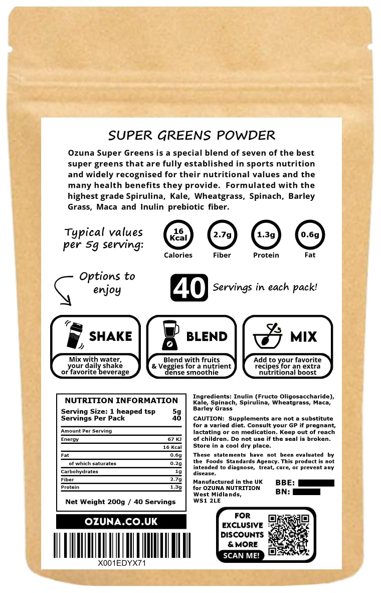 Super Greens Powder, Alkaline Superfoods Smoothie Booster with Inulin Prebiotic Fiber, 40 Servings