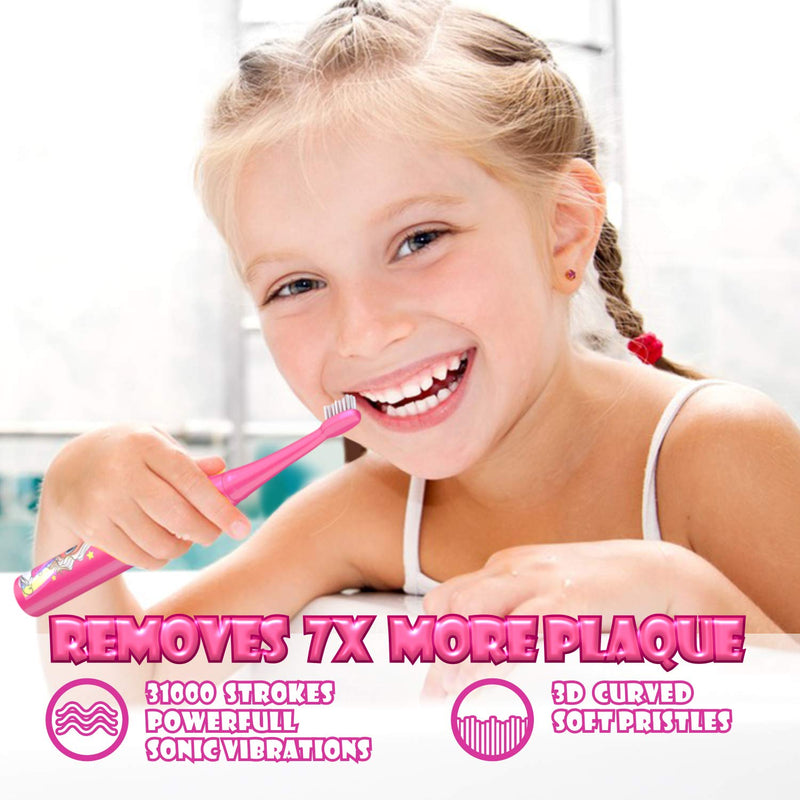 [Australia] - Supersonic Kids Electric Toothbrush 8 Dupont Brush Heads, USB Rechargeable, Vibration Speed Control Plus Massage Mode, 2 Min Timer, Waterproof, for Age 3+ Pink 