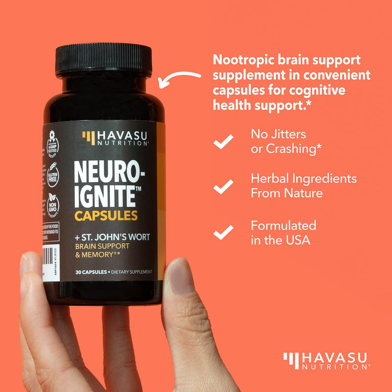 [Australia] - NeuroIgnite Brain Supplements for Memory and Focus Support with St Johns Wort & Ginkgo Biloba | Nootropics Brain Support Supplement | Cognitive & Memory Supplement for Brain Health | 2 Month Supply 60 Capsules (Pack of 1) 