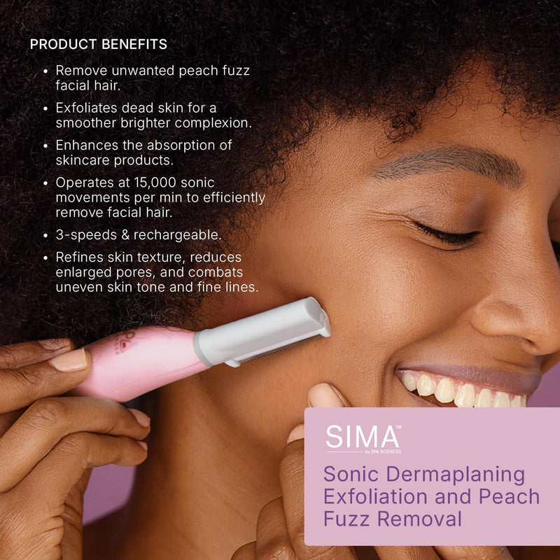 [Australia] - SPA SCIENCES - SIMA Patented Dermaplane Razor for Women Face – Painless 2-in-1 Facial Exfoliation & Peach Fuzz Hair Removal – Anti-Aging – 3 Speeds – Rechargeable – 19 Weeks Treatment Pink 