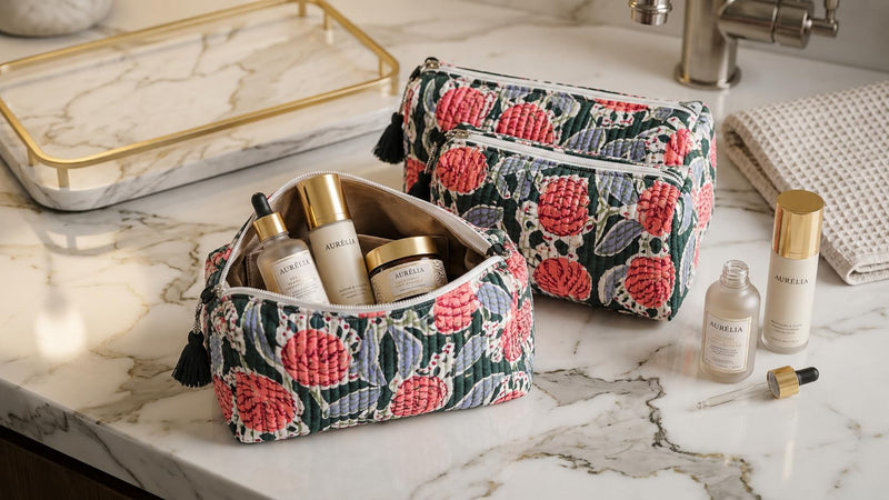 Saarva Global Travel Toiletry Pouch Set, Forest Green Floral, Cotton, Floral Pattern, Zipper, 9x4x7 Inches, 0.5 Pounds, Reusable