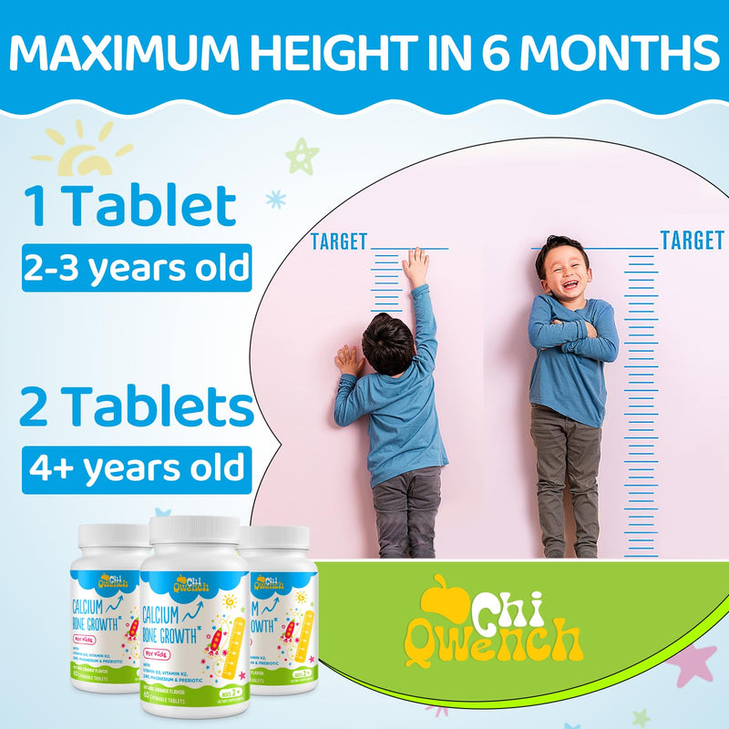 ChiQwench 500 MG Calcium Supplement with Vitamin D3 & K2, Zinc, Magnesium & Prebiotics. Kids Vitamins for Kids' Height. Bone Strength, High Absorption, Orange Chewables, Non-GMO, Gluten Free, 60 Tabs 60 Count (Pack of 1)