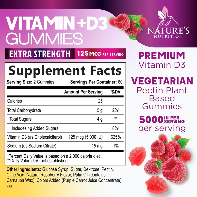 Vitamin D Supplement Gummy - Vitamin D3 125 mcg 5000 IU Per Serving - Bone, Teeth, Muscle and Immune Health Support for Men & Women, Premium VIT D3 Nature's & Gluten Free - 120 Gummies 120 Count (Pack of 1)