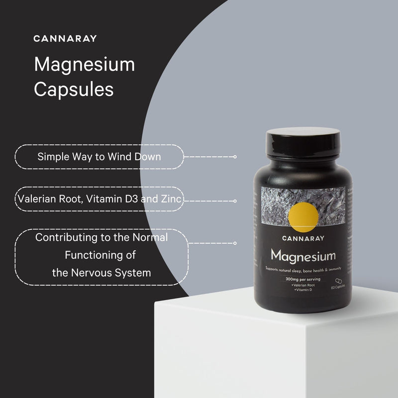CANNARAY Magnesium Capsules 300mg with Added Valerian Root and Vitamin D. Supports Natural Sleep and Immunity