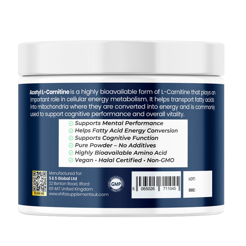 Acetyl L-Carnitine Powder 150g | 1000mg Per Serving | Pure ALCAR Formula | Energy Metabolism & Mental Performance Support | No Fillers | Vegan | Halal Certified | Non GMO