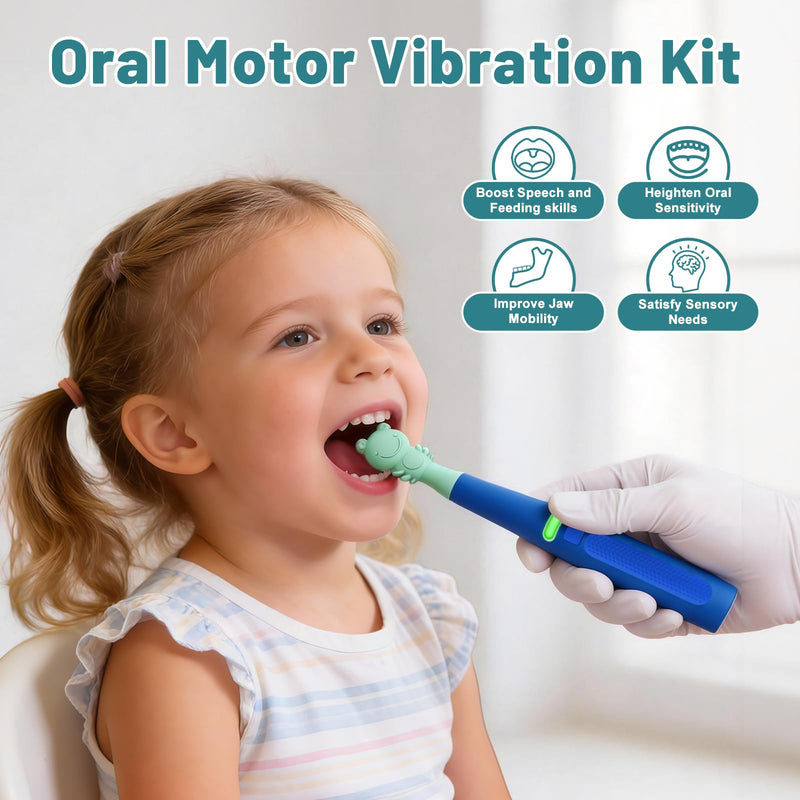 Oral Sensory Vibration Tool Oral Motor Sensory Stimulation Kit with 8 Textured Silicone Heads, 3 Vibration Modes for Autism, Speech Therapy, Self Feeding Stimulation & Calm Sensory Needs - Blue