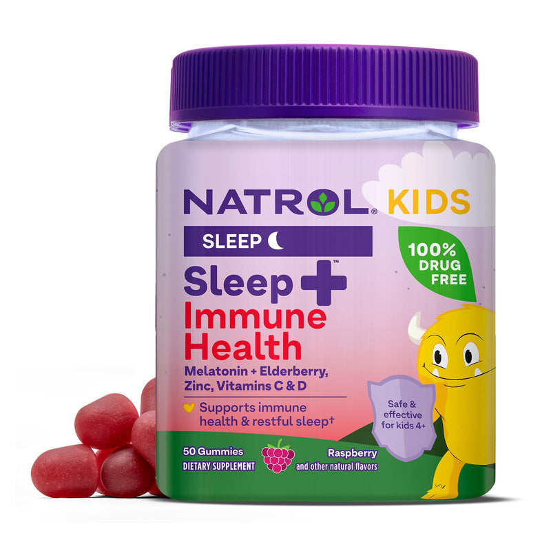 Natrol Kids Sleep+ Immune Health Gummies with Melatonin, Zinc, Vitamin C and D, Elderberry, 50 Raspberry Flavored Melatonin and Immune Health Gummies, 50 Day Supply Berry 50 Count (Pack of 1)