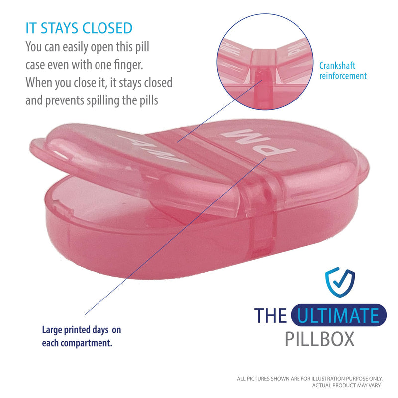 Deke Home - Pill Organizer AM PM, 2 Compartment Pill Box for Pocket or Purse, Small Daily Medicine Case, Travel Pill Holder, Easy Open Pill Container for Seniors, Vitamins & Supplements (Pink) Pink