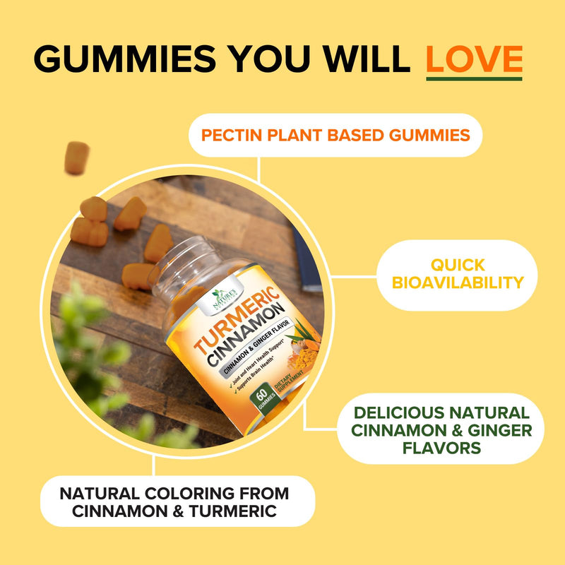 Turmeric Curcumin Supplement Gummies - 95% Curcuminoids with Turmeric Ginger, Black Pepper for Best Absorption, Nature's Vegan Joint Support, Non-GMO, Gluten Free, Tasty Cinnamon Flavor - 60 Gummies 60 Count (Pack of 1)