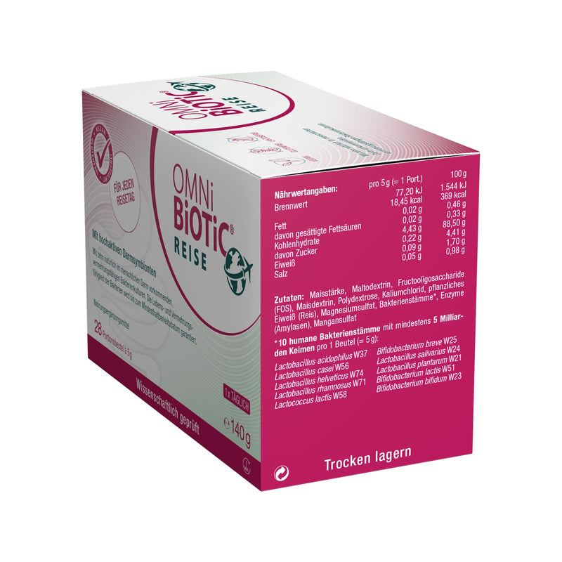 [Australia] - OMNi BiOTiC Travel | 28 servings (140g) | 10 bacterial strains | 5 billion germs per daily dose | powder | Vegan | Gluten free | Lactose free | For daily use Tasteless 28 portions (pack of 1) 