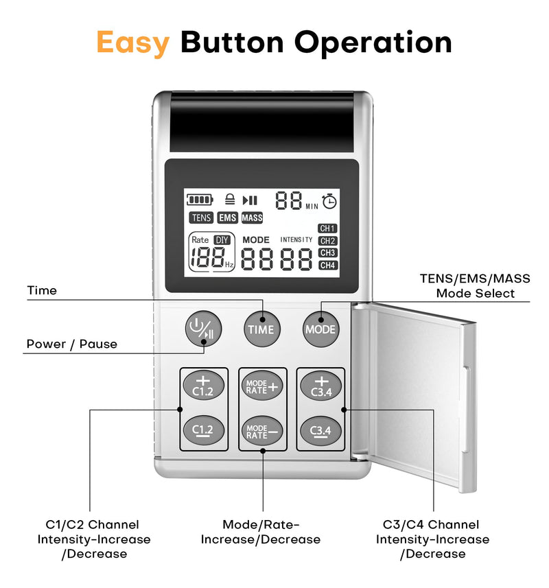 TENS EMS Muscle Stimulator Unit, FDA Cleared 48 Modes 4 Outputs with 16 Electrode Pads (2"x2") for Pain Relief in Shoulder, Neck, Back & Sciatica, Electronic Pulse Massager for Physical Therapy