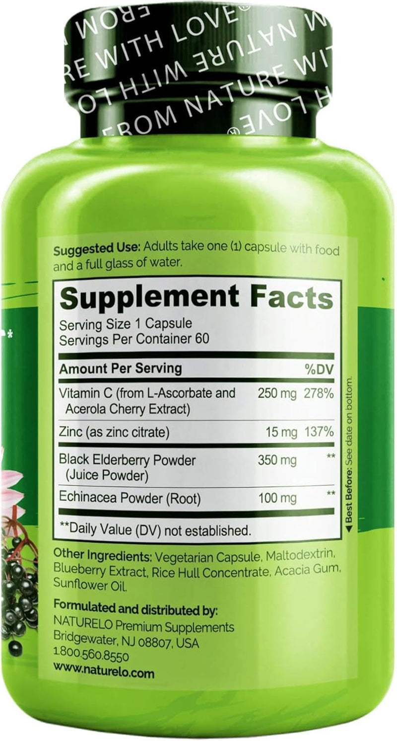 NATURELO Immune Support – Vitamin C, Elderberry, Zinc – Best Natural Vitamin C Boost with Antioxidant, Herbal & Mineral Defense - 60 Vegan Capsules | 2 Month Supply