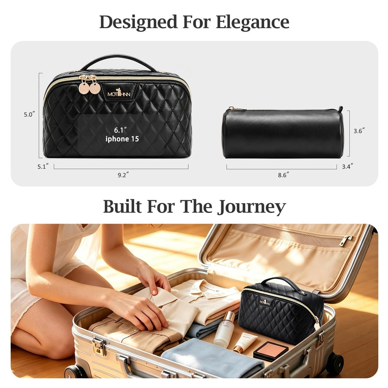 Travel Makeup Bags Cosmetic Organizer: 3Pcs Set Puffy Make up Bag for Women | Black Premium Quilted ELEGANCE Design | Large Capacity Leather Toiletry Bags | Wide Open Compact Case for Travel Essentials 01 Black