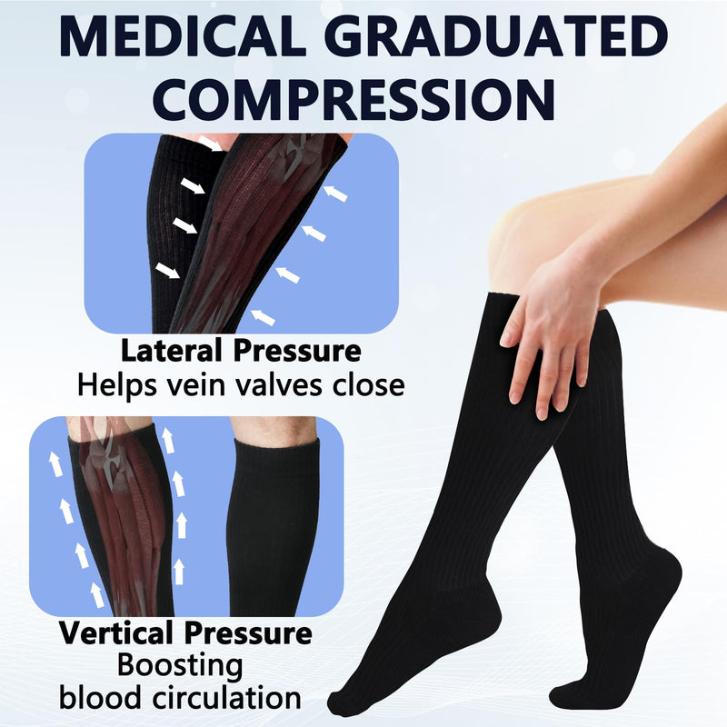 +MD Cotton Compression Socks for Women and Men 4/6 Pairs 8-15/15-20 mmHg Knee High Socks for Sports Travel Nurse Edema 4 Pairs Black Cushion 15-20mmhg 10-13