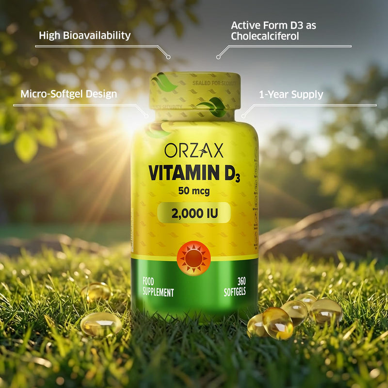 ORZAX Vitamin D3 2000 iu (50 mcg) - 1 Year Supply for Strong Muscle Function and Immune Support - Mood Supplement for Wellness (360 Softgel)