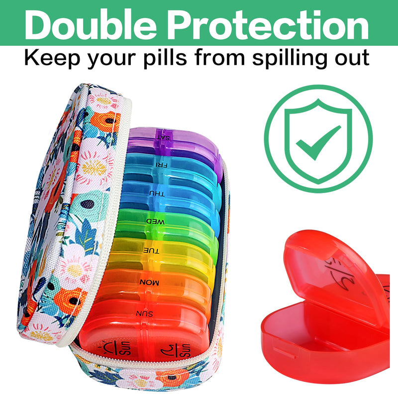 [Australia] - Serfeymi Weekly Travel Pill Organizer 2 Times A Day AM PM Upgraded Rainbow Pill Box 7 Day with Portable Zipper Canvas Pill Case, Medicine Organizer for Pills, Vitamins, Fish Oils - Bloom 01 Canvas Pill Box A Canvas Bloom 01. 