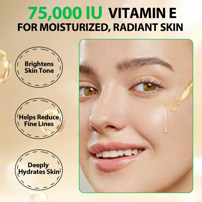 Meifenla Vitamin E Oil for Skin,75,000 IU Pure Vitamin E Oil for Face, Hair,Nail & Body Tightening Plump Skin,Reduce Fine Lines & Scars,Moisturizing & Smooth,Non-GMO 4 Fl Oz (Pack of 1) Golden
