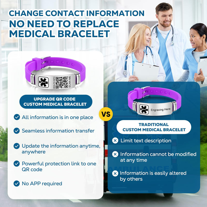 [Australia] - Medical Bracelets for Men Women with QR Code Medical Alert ID Bracelets Sport Boy Girl - Silicone Waterproof Wristband Fits Wrists Up to 9 inches - More Space Custom Emergency Medical ID Alert Information 9'' Folding Buckle+Adjustable dial - Purple 