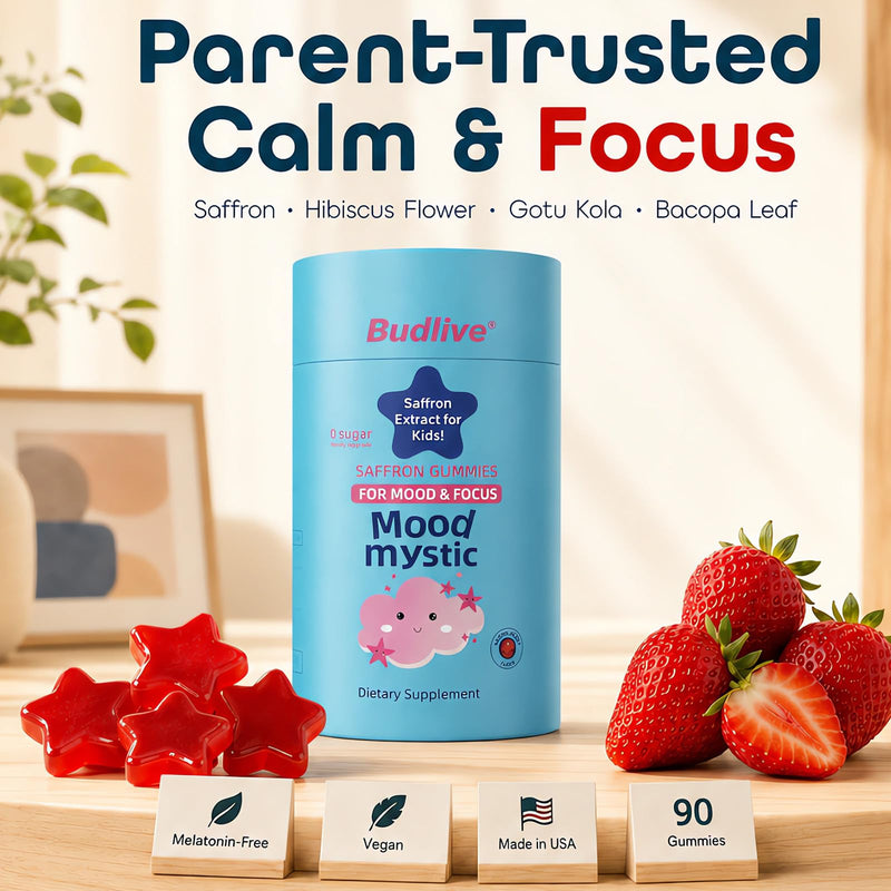 Saffron Gummies for Kids, Mood Munchies Focus Calm Gummies with Saffron Extract Supplements, Support Happy Mood & Cogntion, Individually Wrapped, Natural Berry Flavor, Sugar Free 90 Counts