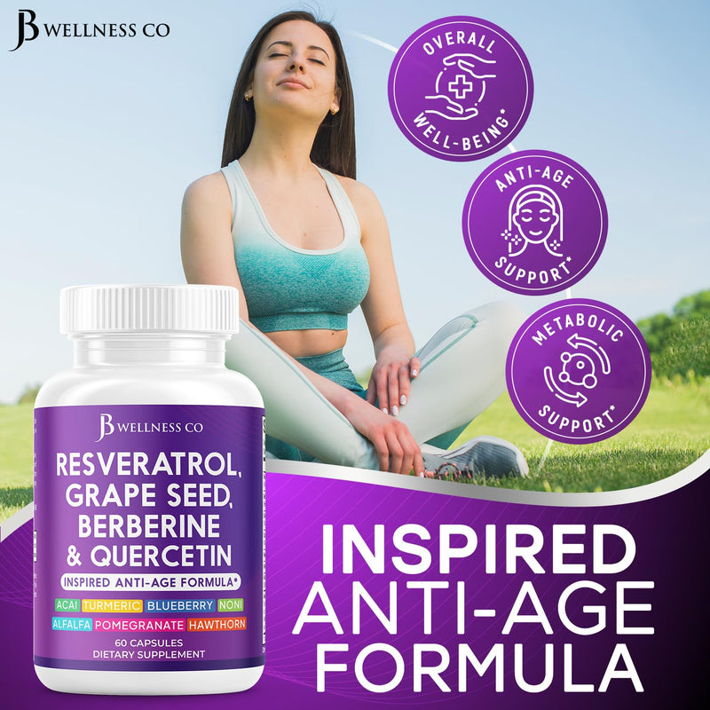 [Australia] - JB Wellness Resveratrol, Grape Seed Extract, Berberine, Quercetin - Polyphenol Supplement for Women and Men with Noni Extract, N-Acetyl Cysteine, Acai Extract - 180 Capsules 60 Count (Pack of 3) 